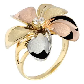 14K Tri-Color Gold Plumeria Ring with CZ Sandblast Polish Edge 23mm