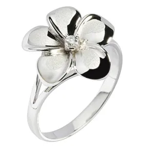 14K White Gold Plumeria Ring with CZ Sandblast Polish Edge 15mm