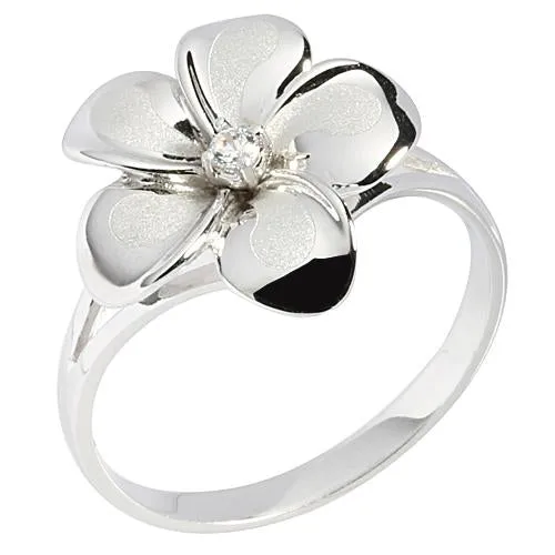 14K White Gold Plumeria Ring with CZ Sandblast Polish Edge 15mm