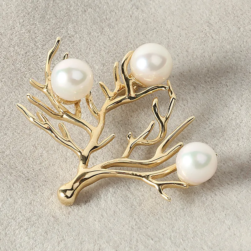 14K Yellow Gold 3D Coral with Akoya Pearls Pendant (Chain Sold Separately)