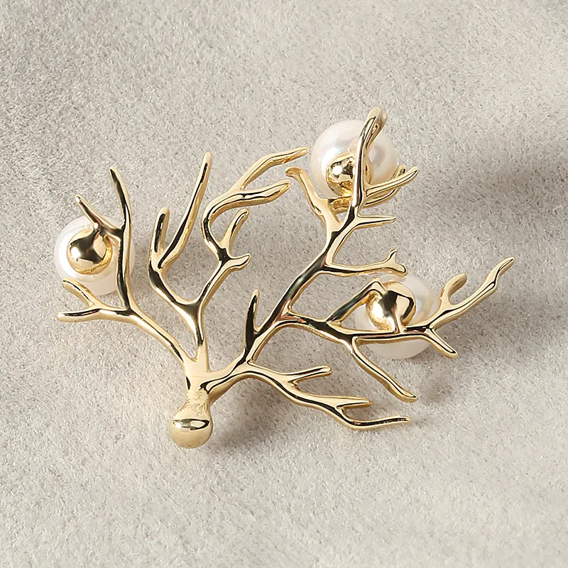 14K Yellow Gold 3D Coral with Akoya Pearls Pendant (Chain Sold Separately)