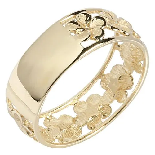 14K Yellow Gold See Through Plumeria Lei Ring Sandblast Polish Edge 7mm