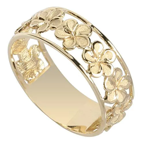 14K Yellow Gold See Through Plumeria Lei Ring Sandblast Polish Edge 7mm