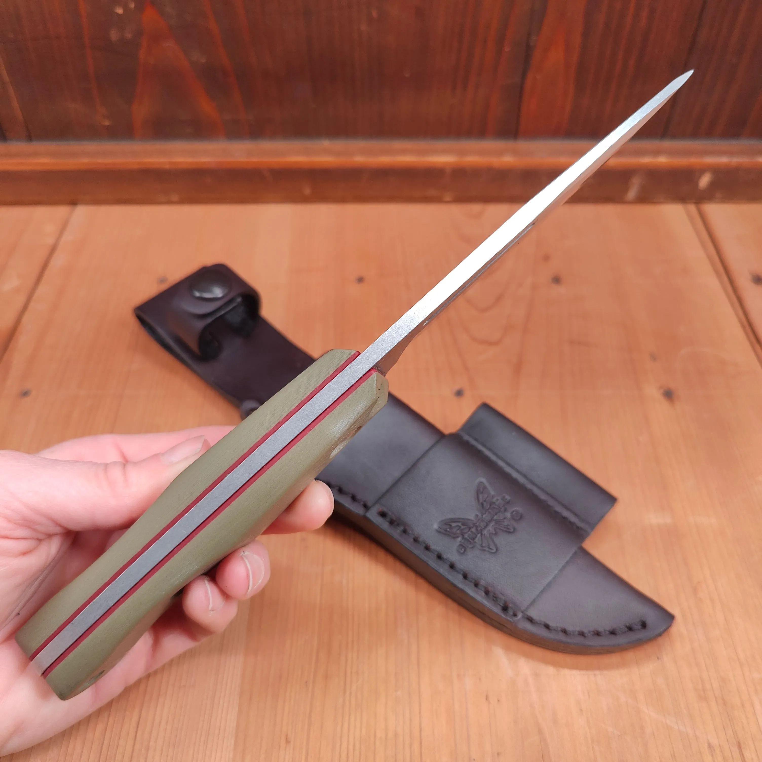 Benchmade 163-1 Bushcrafter 4.3" Drop Point CPM-S30V Fixed Blade OD Green G10 Handle with Leather Sheath