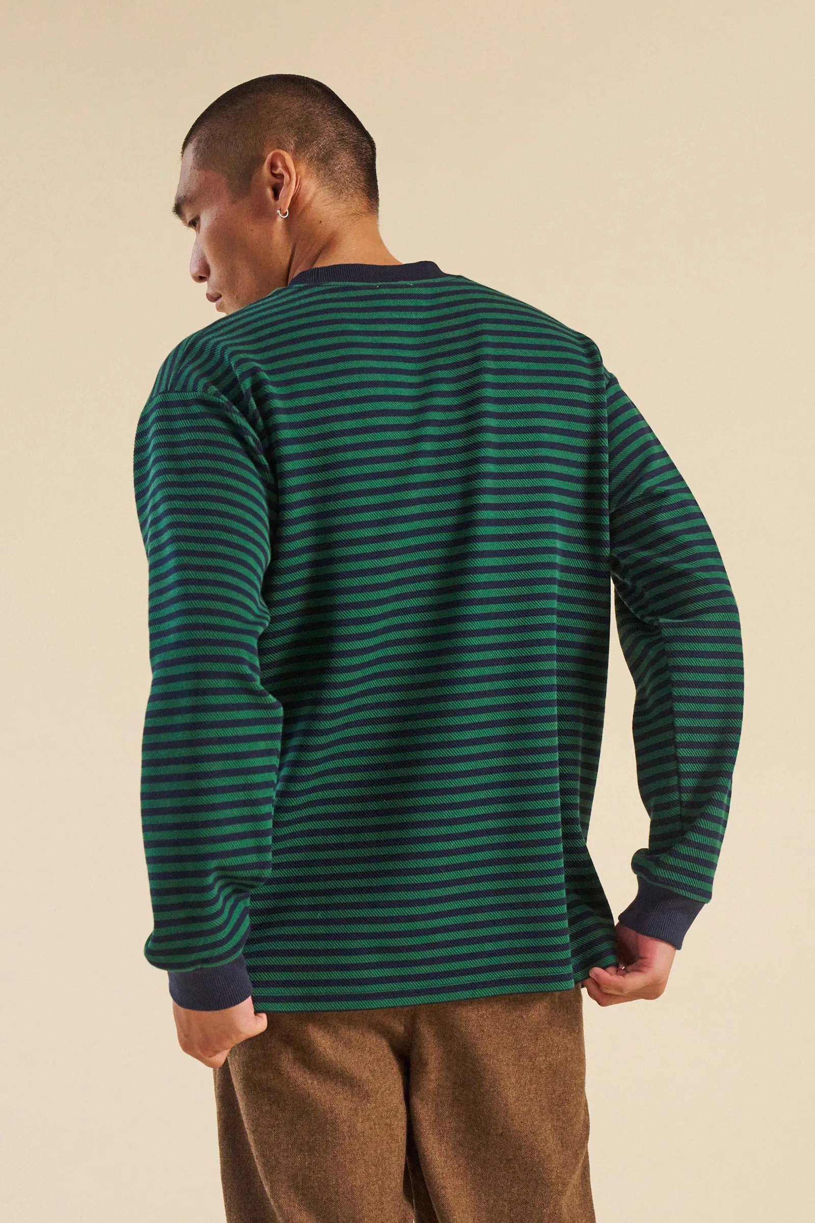 bound Navy & Green Textured Stripe LS Tee