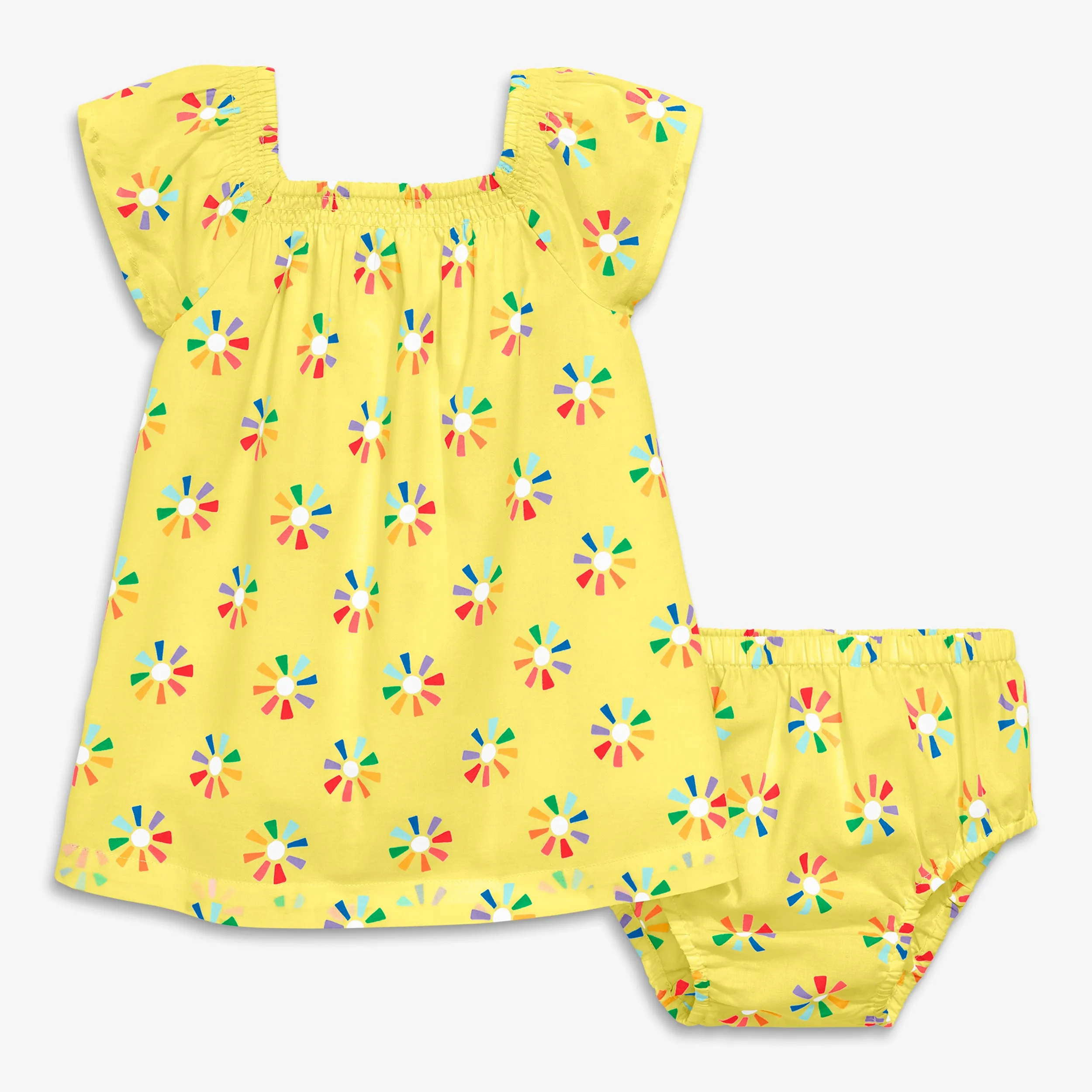 Clearance baby picnic dress & bloomer set in rainbow cutout suns
