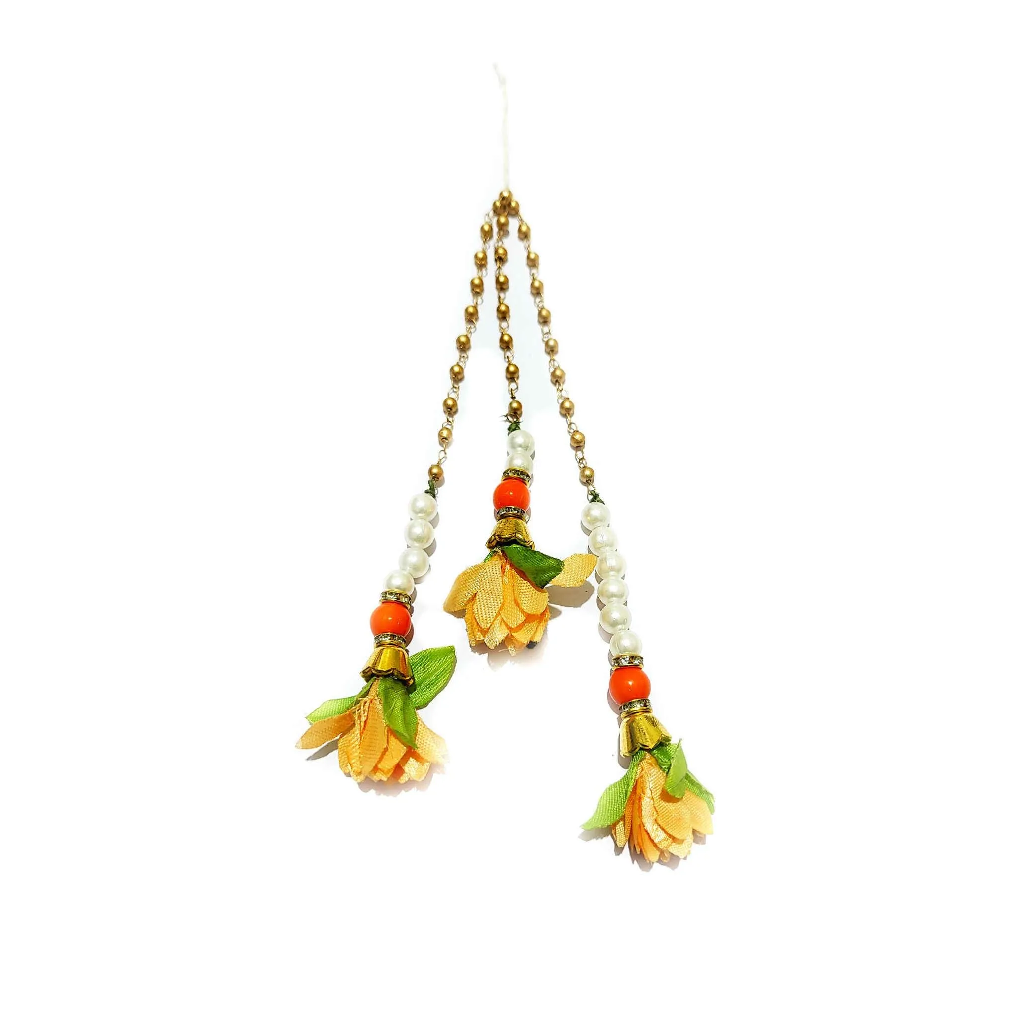Fabric Flowers and Pearl Beads Handmade Craft Jewelry Fringe Tassel with Diamond Rings - 11836