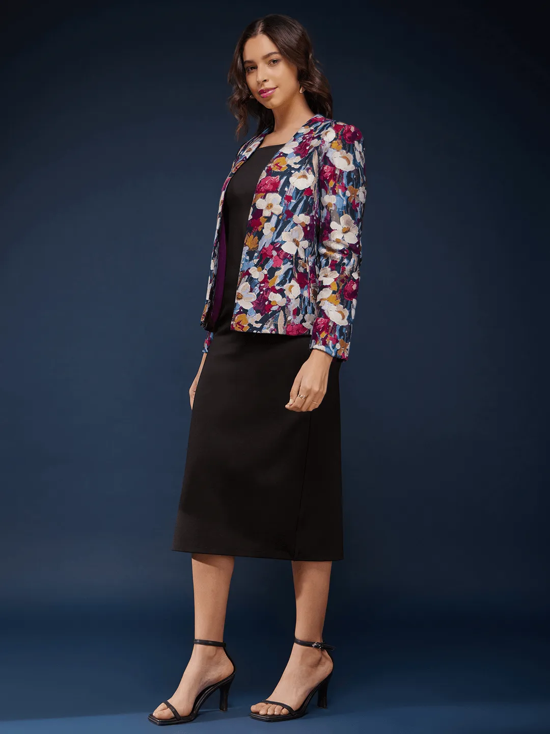 Floral Jacquard Open Front Jacket - Multicolour