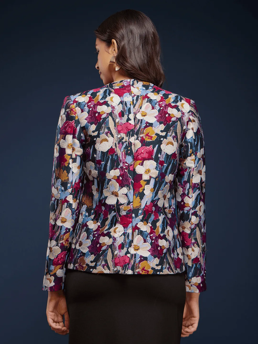 Floral Jacquard Open Front Jacket - Multicolour