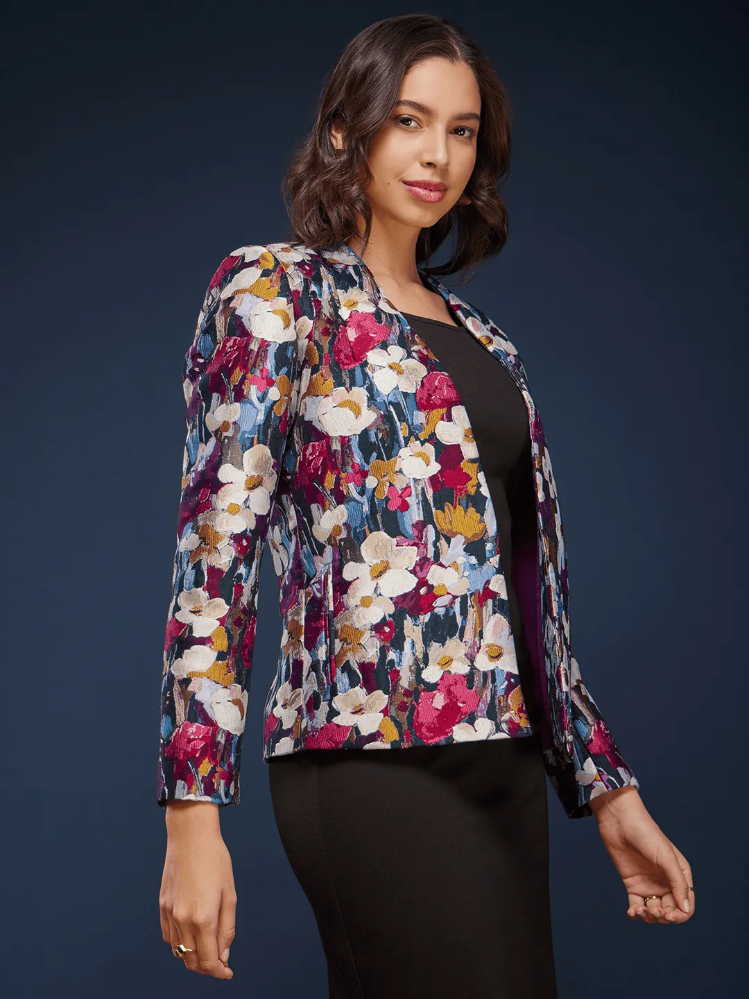 Floral Jacquard Open Front Jacket - Multicolour
