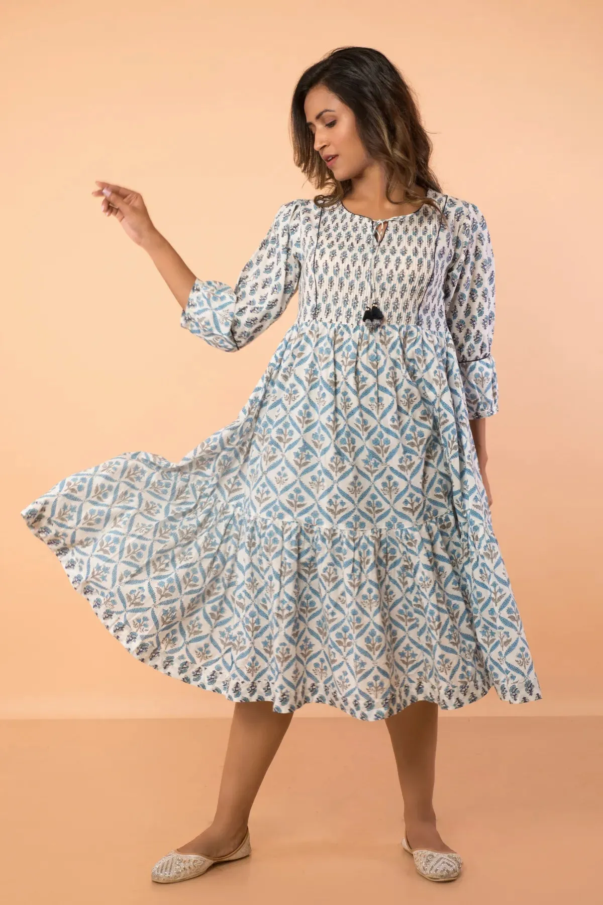 Gorgeous Blue Pintucked Flared Dress