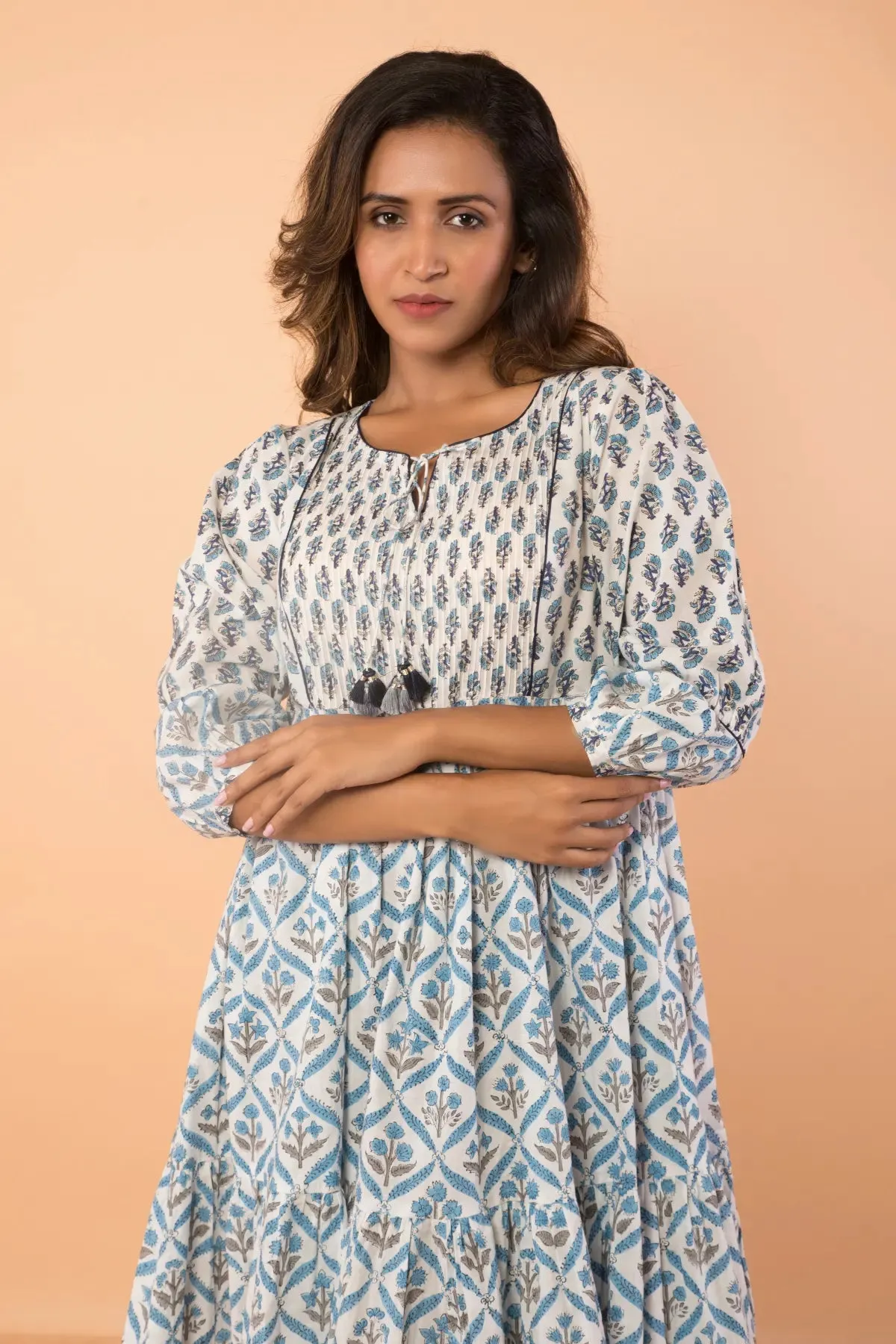 Gorgeous Blue Pintucked Flared Dress