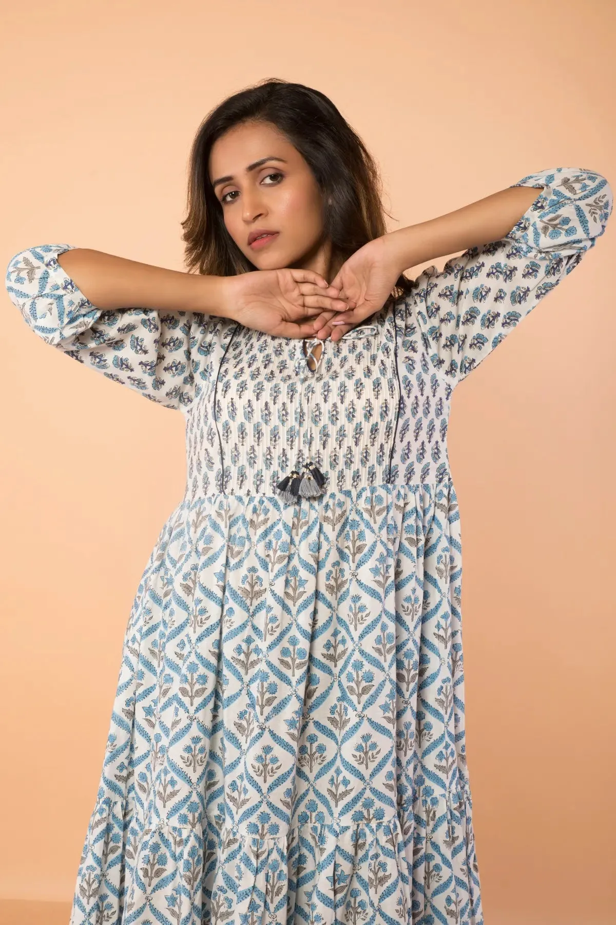 Gorgeous Blue Pintucked Flared Dress