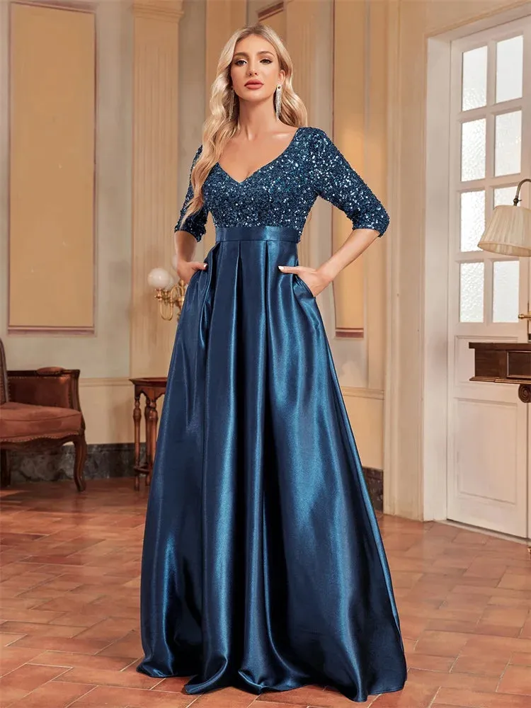 Green Satin Sequins Evening Dress – Elegant Floor-Length