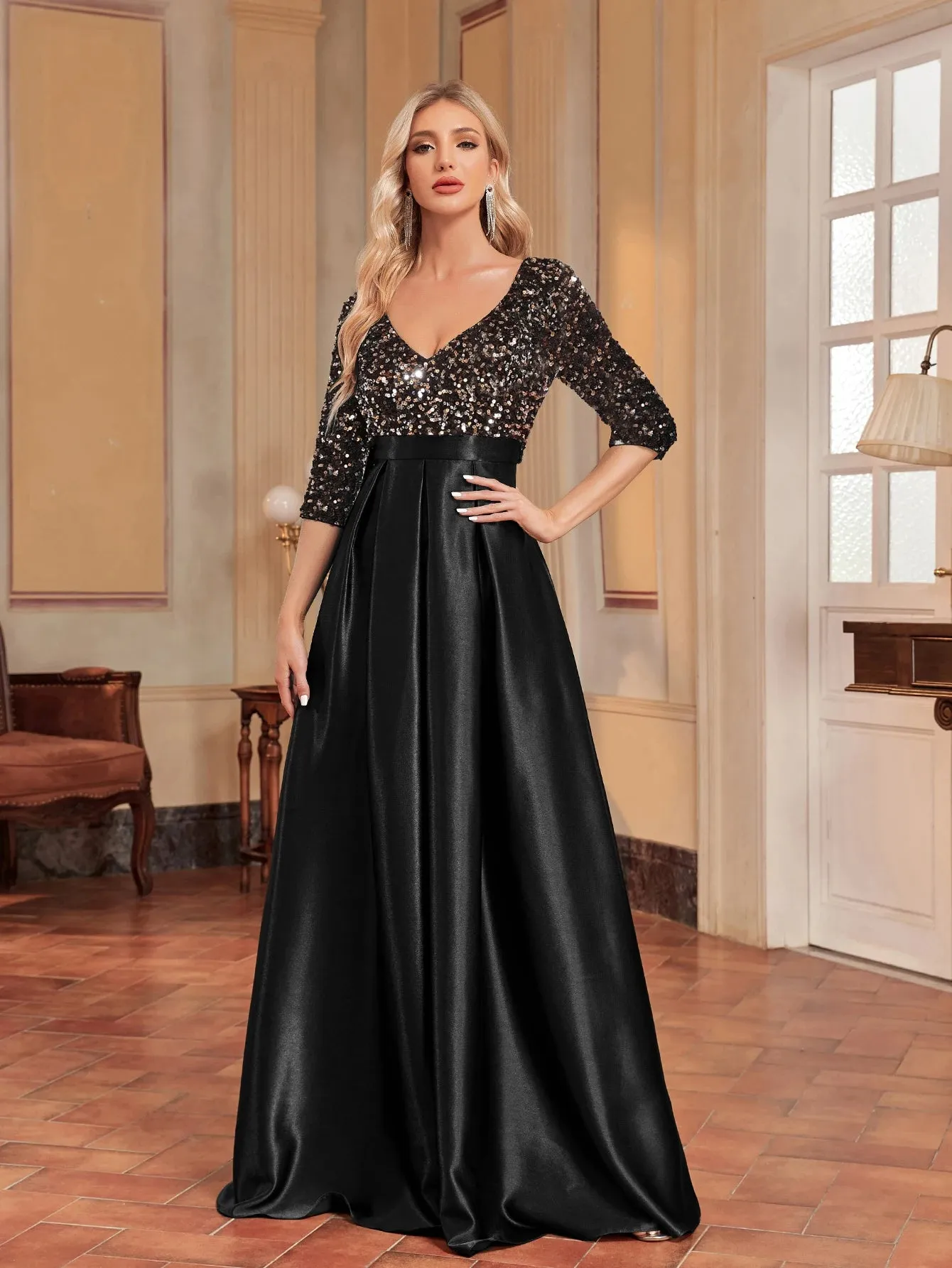 Green Satin Sequins Evening Dress – Elegant Floor-Length
