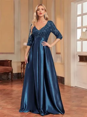 Green Satin Sequins Evening Dress – Elegant Floor-Length