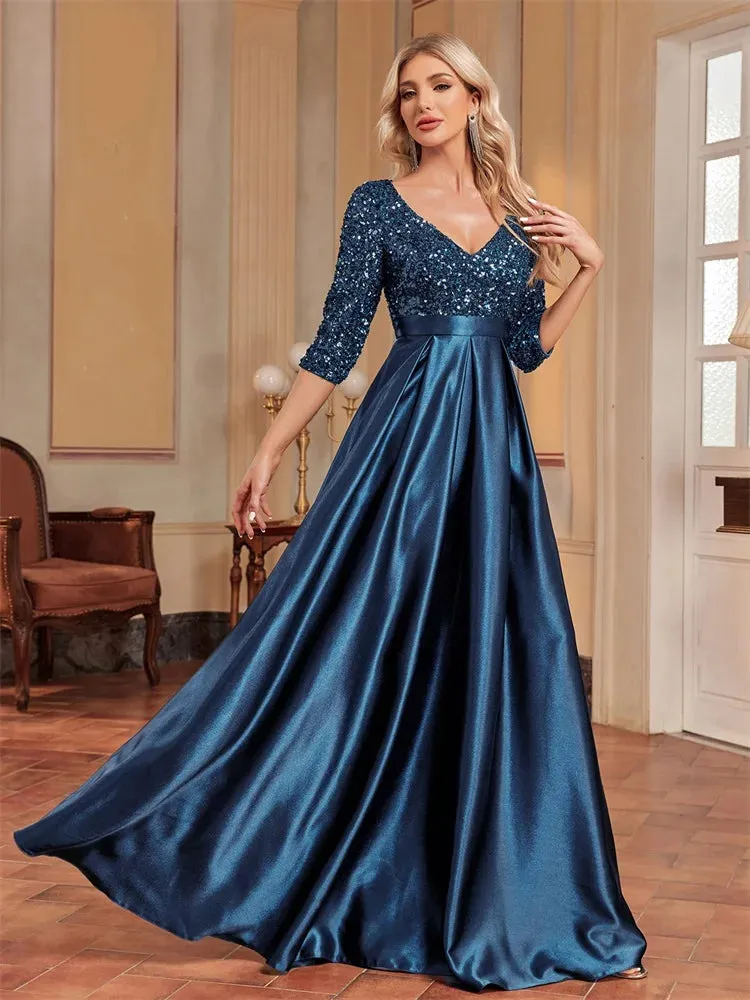 Green Satin Sequins Evening Dress – Elegant Floor-Length