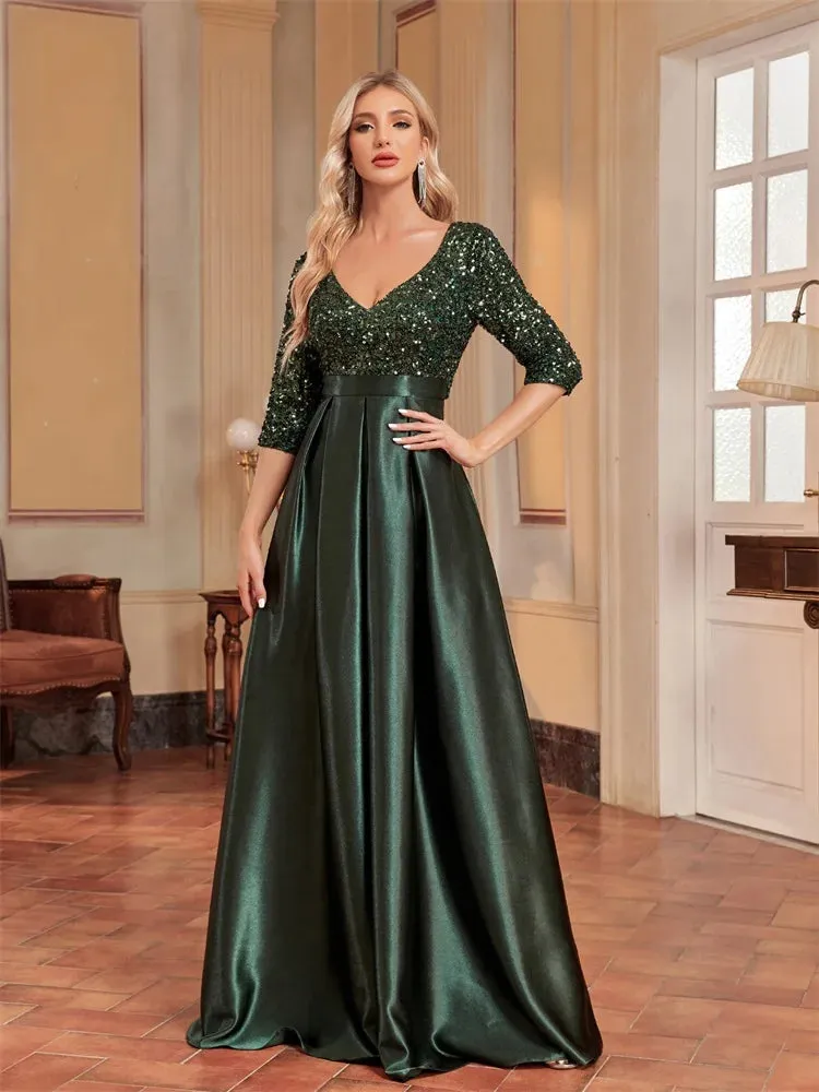 Green Satin Sequins Evening Dress – Elegant Floor-Length
