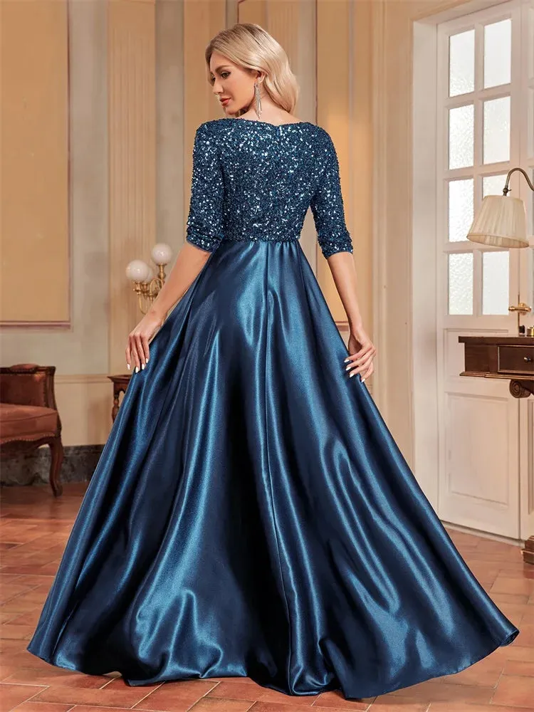 Green Satin Sequins Evening Dress – Elegant Floor-Length