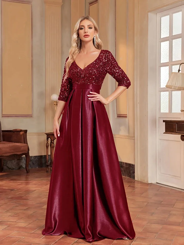 Green Satin Sequins Evening Dress – Elegant Floor-Length