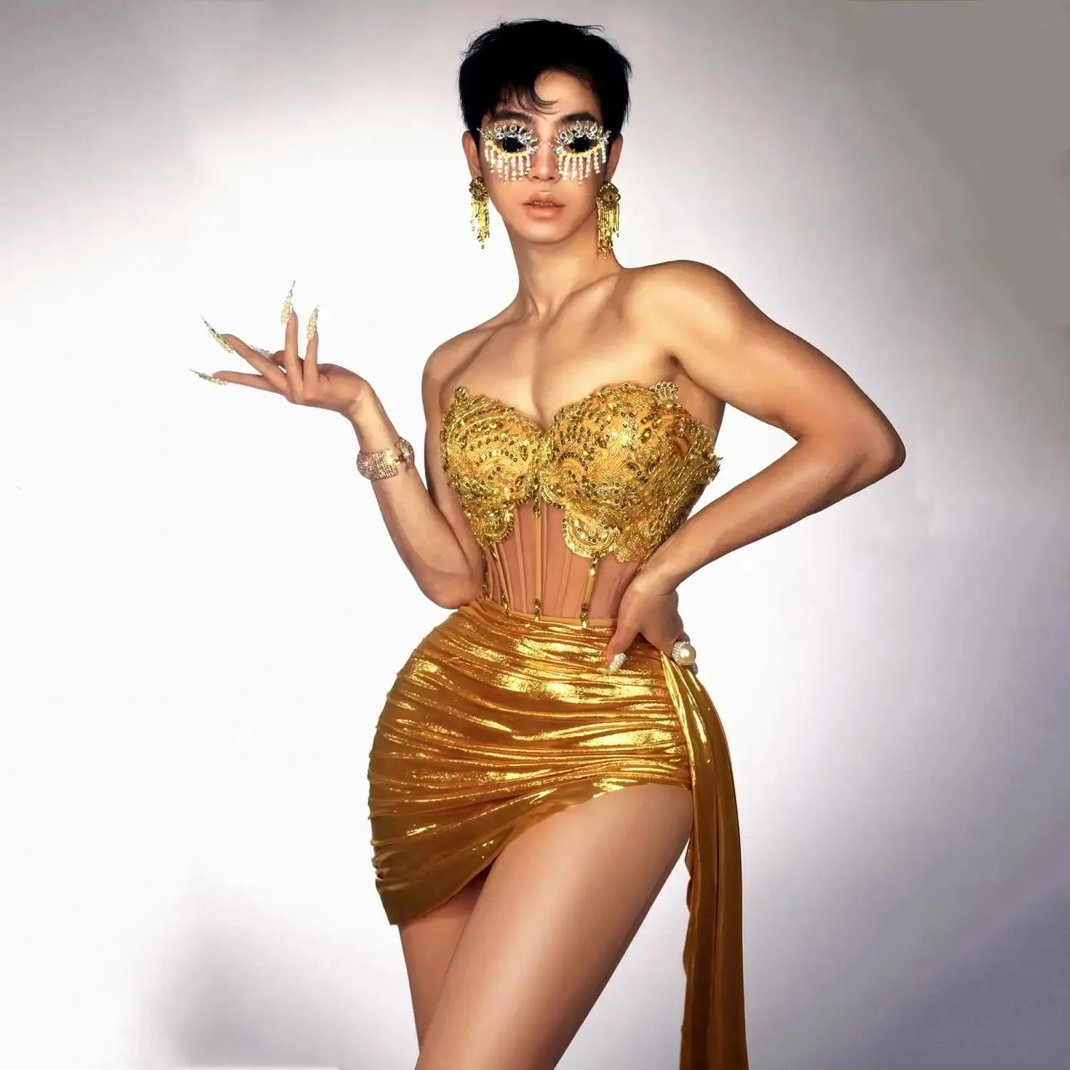 Luxury Gold Diamond 2-Piece Cocktail Dress
