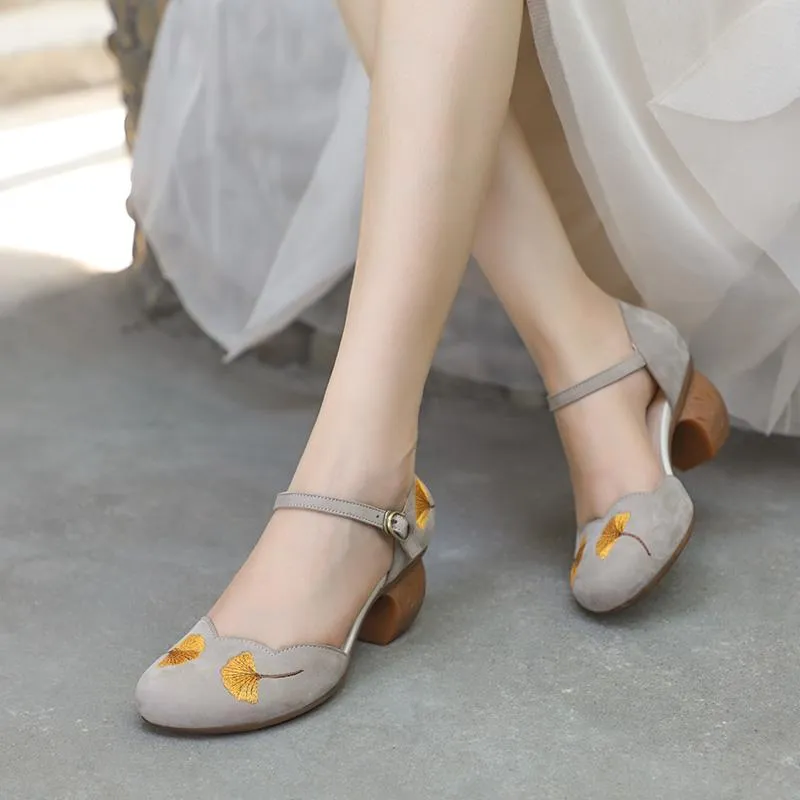 Mid Heel Mary Jane Sandals Womens Round Toe  Retro Buckle Sandals Handmade Matteleather Pumps Grey