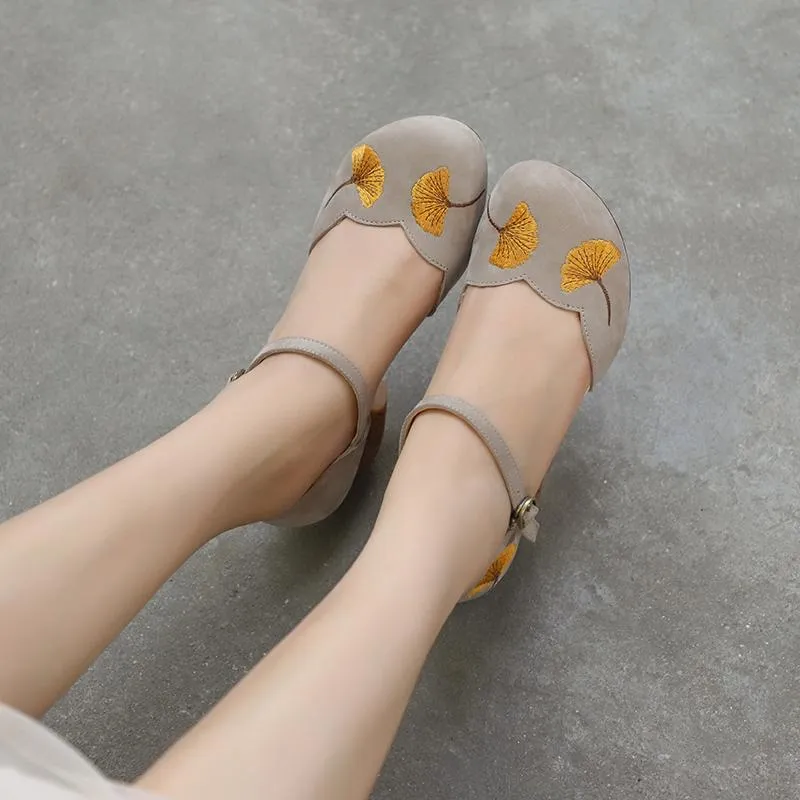 Mid Heel Mary Jane Sandals Womens Round Toe  Retro Buckle Sandals Handmade Matteleather Pumps Grey