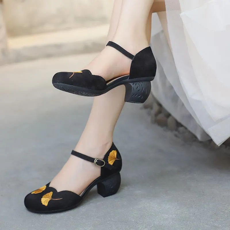 Mid Heel Mary Jane Sandals Womens Round Toe  Retro Buckle Sandals Handmade Matteleather Pumps Grey