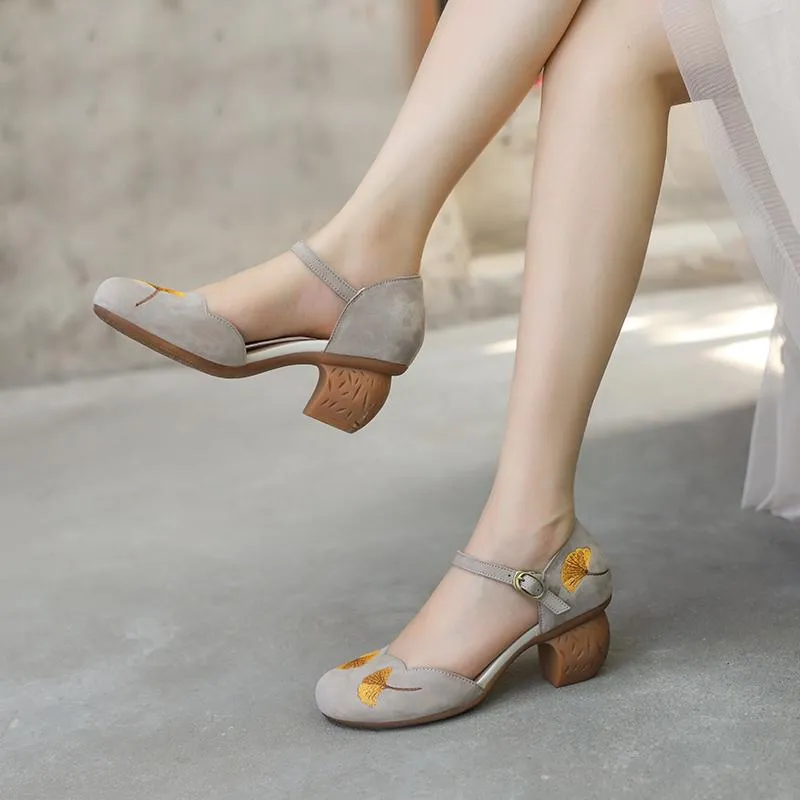 Mid Heel Mary Jane Sandals Womens Round Toe  Retro Buckle Sandals Handmade Matteleather Pumps Grey