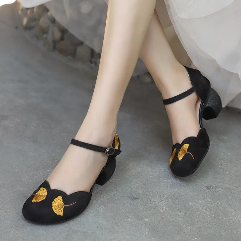 Mid Heel Mary Jane Sandals Womens Round Toe  Retro Buckle Sandals Handmade Matteleather Pumps Grey
