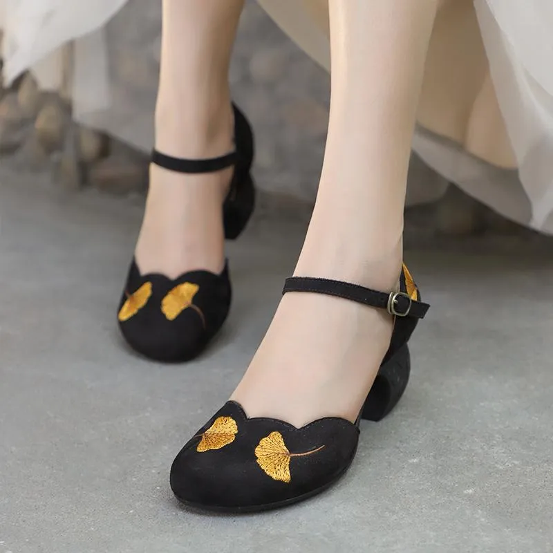Mid Heel Mary Jane Sandals Womens Round Toe  Retro Buckle Sandals Handmade Matteleather Pumps Grey