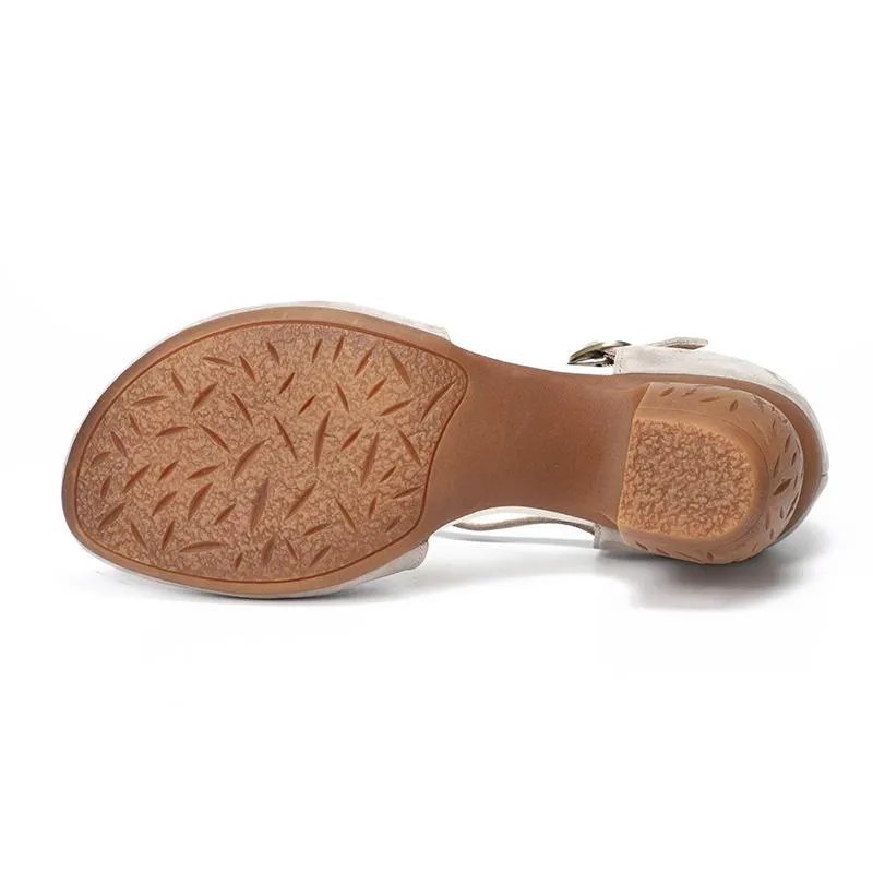 Mid Heel Mary Jane Sandals Womens Round Toe  Retro Buckle Sandals Handmade Matteleather Pumps Grey