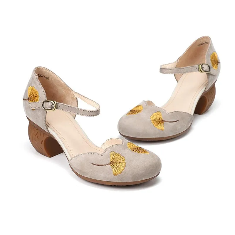 Mid Heel Mary Jane Sandals Womens Round Toe  Retro Buckle Sandals Handmade Matteleather Pumps Grey