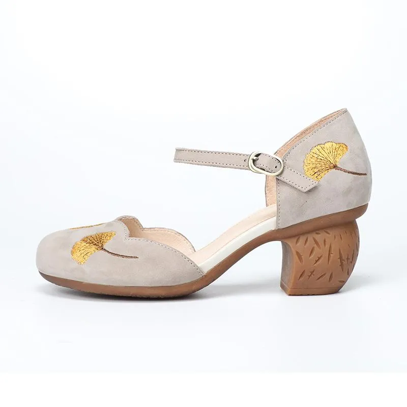 Mid Heel Mary Jane Sandals Womens Round Toe  Retro Buckle Sandals Handmade Matteleather Pumps Grey