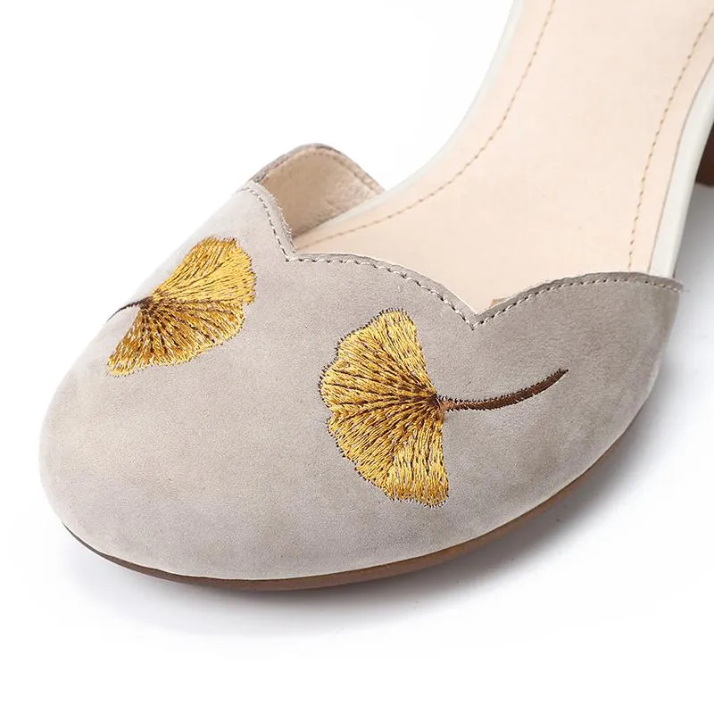 Mid Heel Mary Jane Sandals Womens Round Toe  Retro Buckle Sandals Handmade Matteleather Pumps Grey