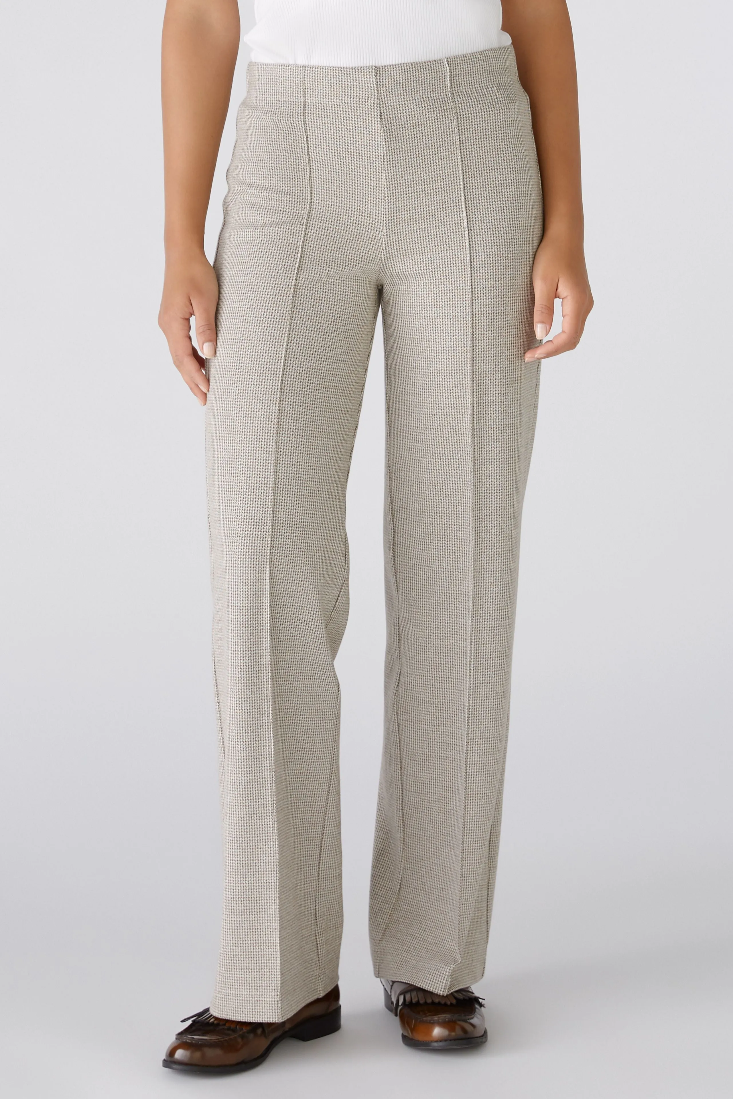 Oui Brown/Cream Houndstooth Cotton Jersey Trousers