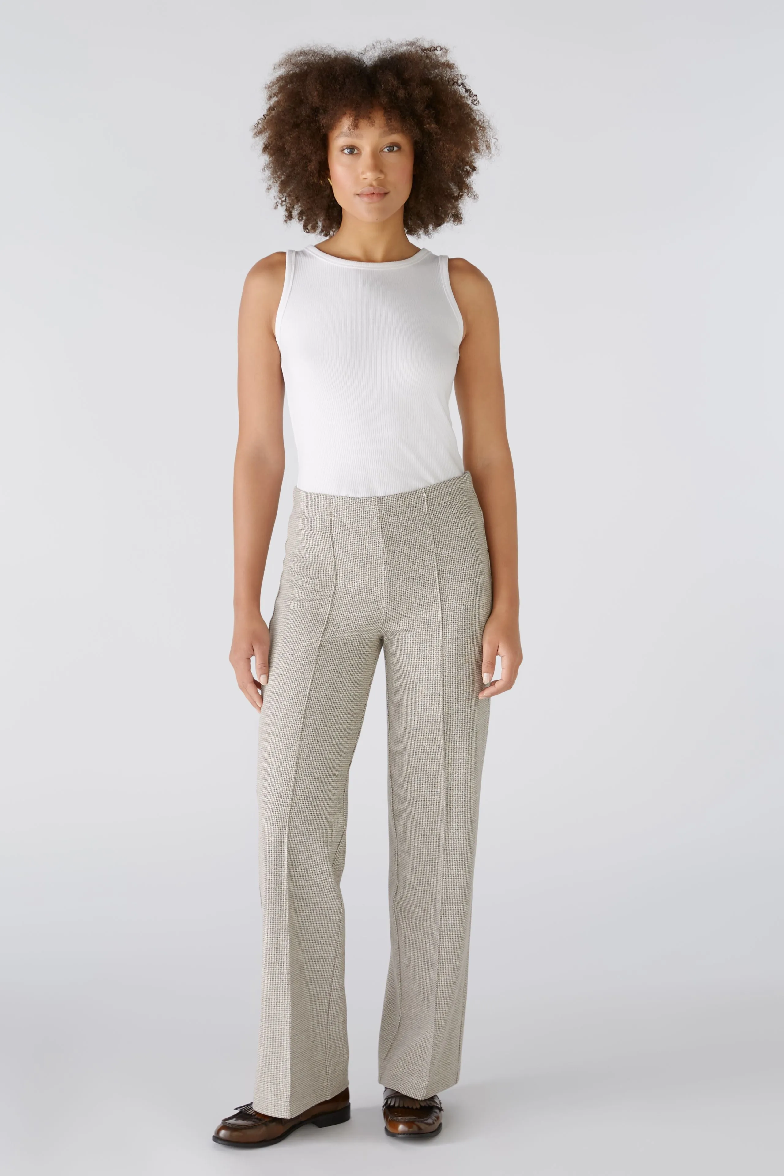 Oui Brown/Cream Houndstooth Cotton Jersey Trousers