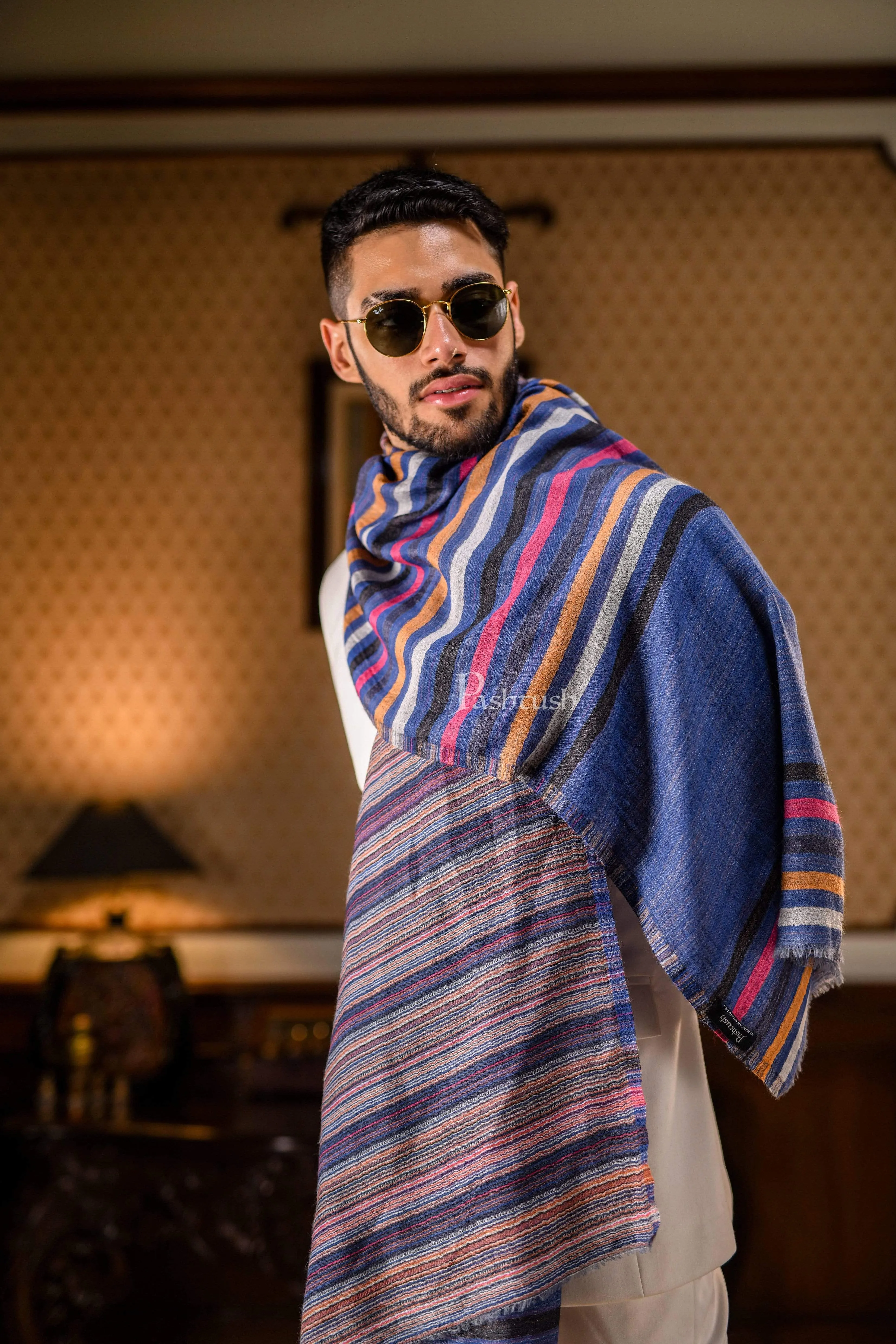 Pashtush Mens Cashmere And Wool Blended Scarf, With Fluro-Neon Stripes