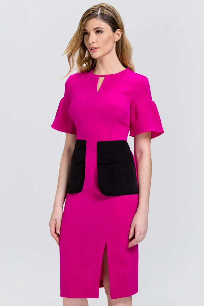 Pink Bell Sleeve Black Flap Pocket Midi Dress