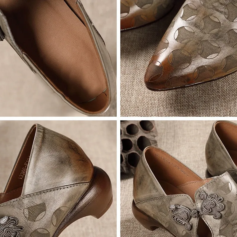 Retro Handmade Leather 60mm Mid Heel Pumps Women Point Toe Shoes In Grey