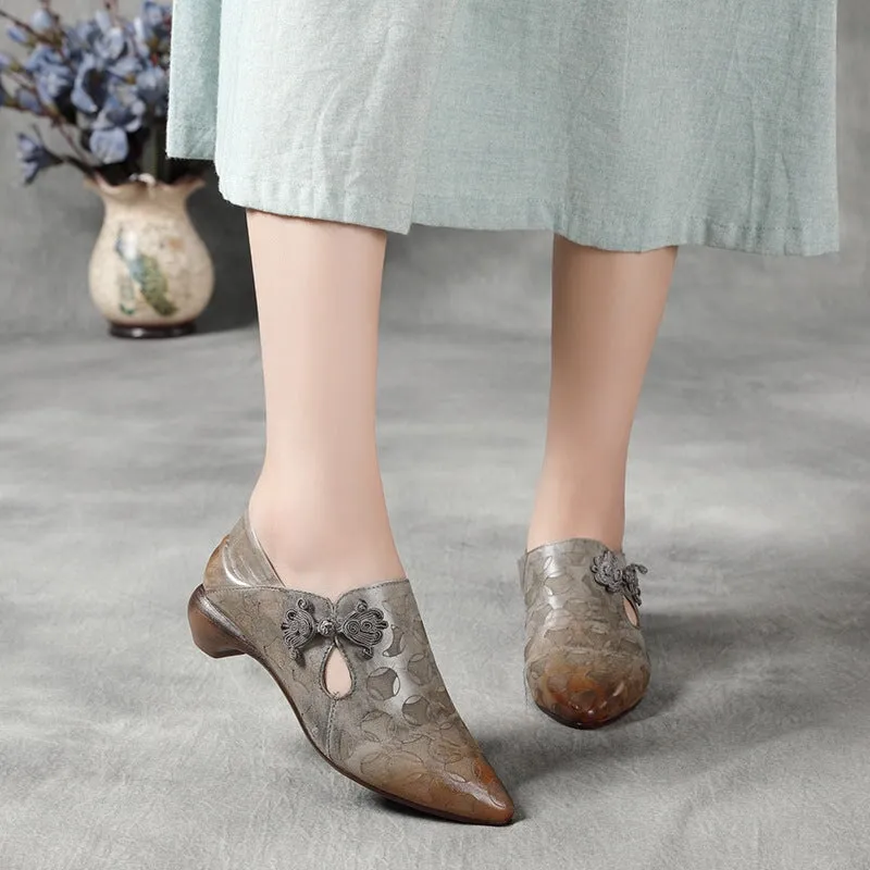 Retro Handmade Leather 60mm Mid Heel Pumps Women Point Toe Shoes In Grey