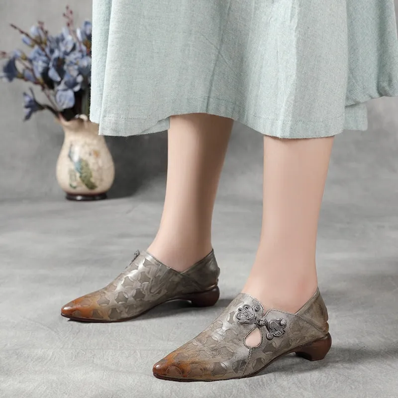 Retro Handmade Leather 60mm Mid Heel Pumps Women Point Toe Shoes In Grey