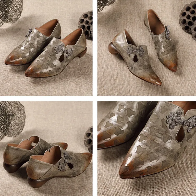 Retro Handmade Leather 60mm Mid Heel Pumps Women Point Toe Shoes In Grey