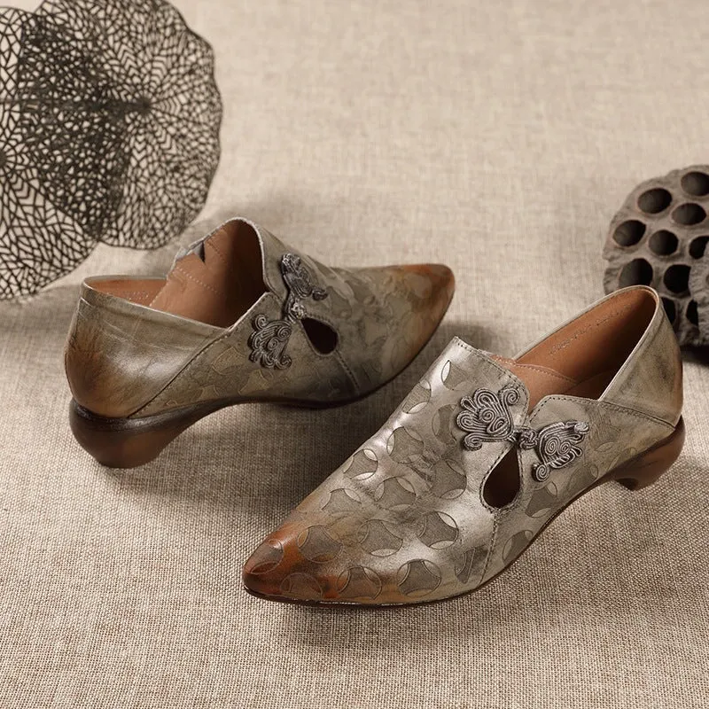 Retro Handmade Leather 60mm Mid Heel Pumps Women Point Toe Shoes In Grey