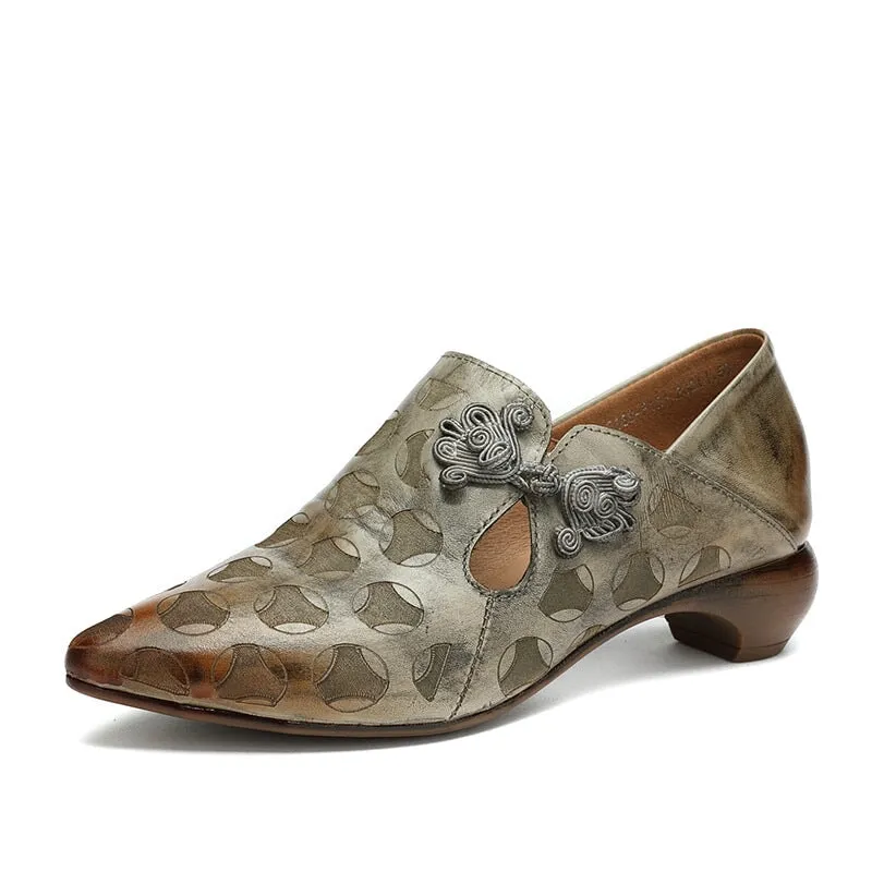 Retro Handmade Leather 60mm Mid Heel Pumps Women Point Toe Shoes In Grey