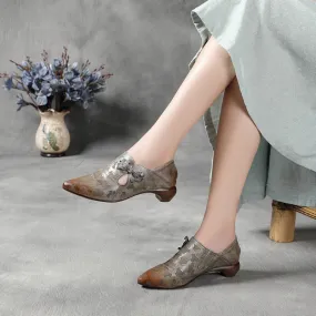 Retro Handmade Leather 60mm Mid Heel Pumps Women Point Toe Shoes In Grey