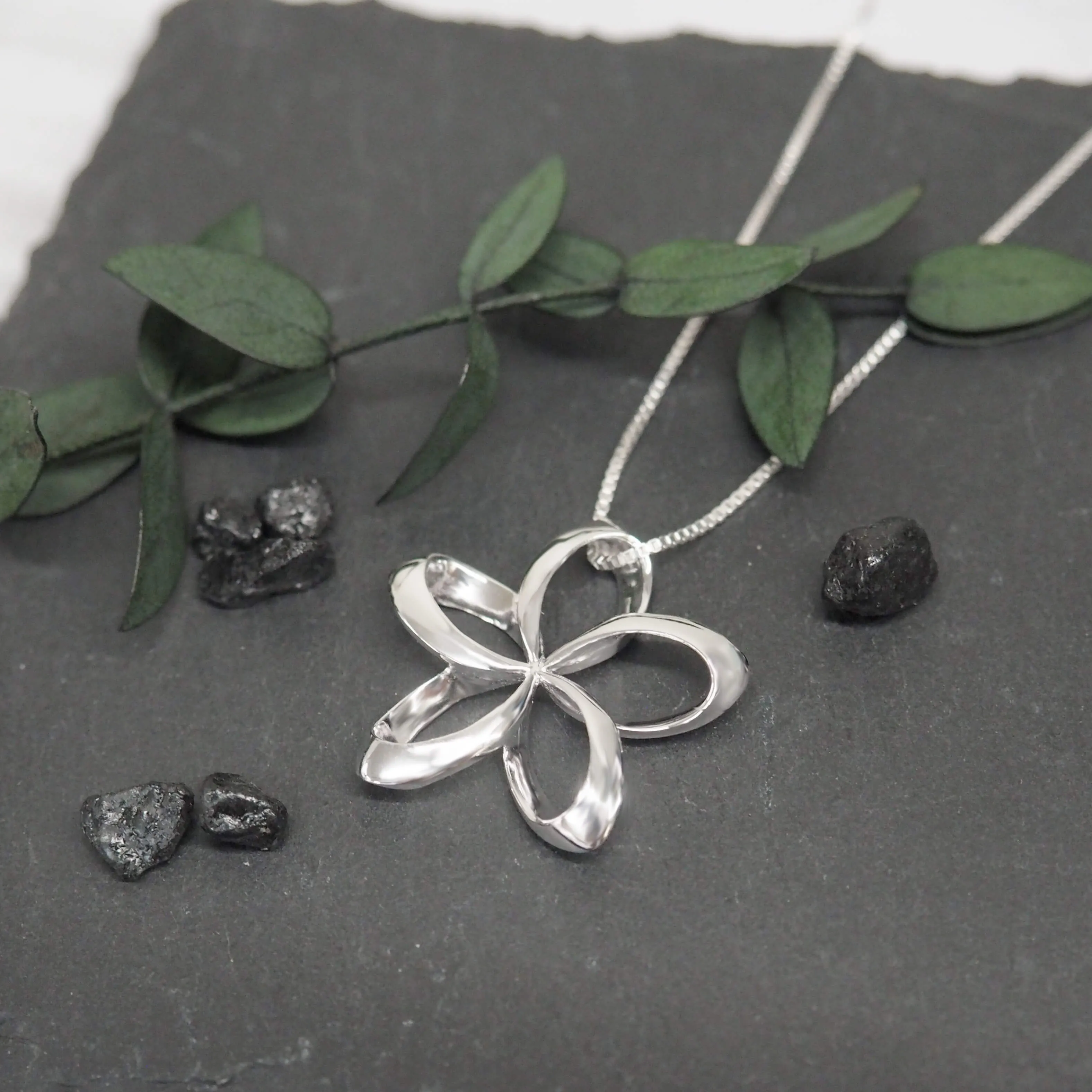 Sterling Silver 24mm Open Plumeria Pendant Necklace, 16 2" Extender
