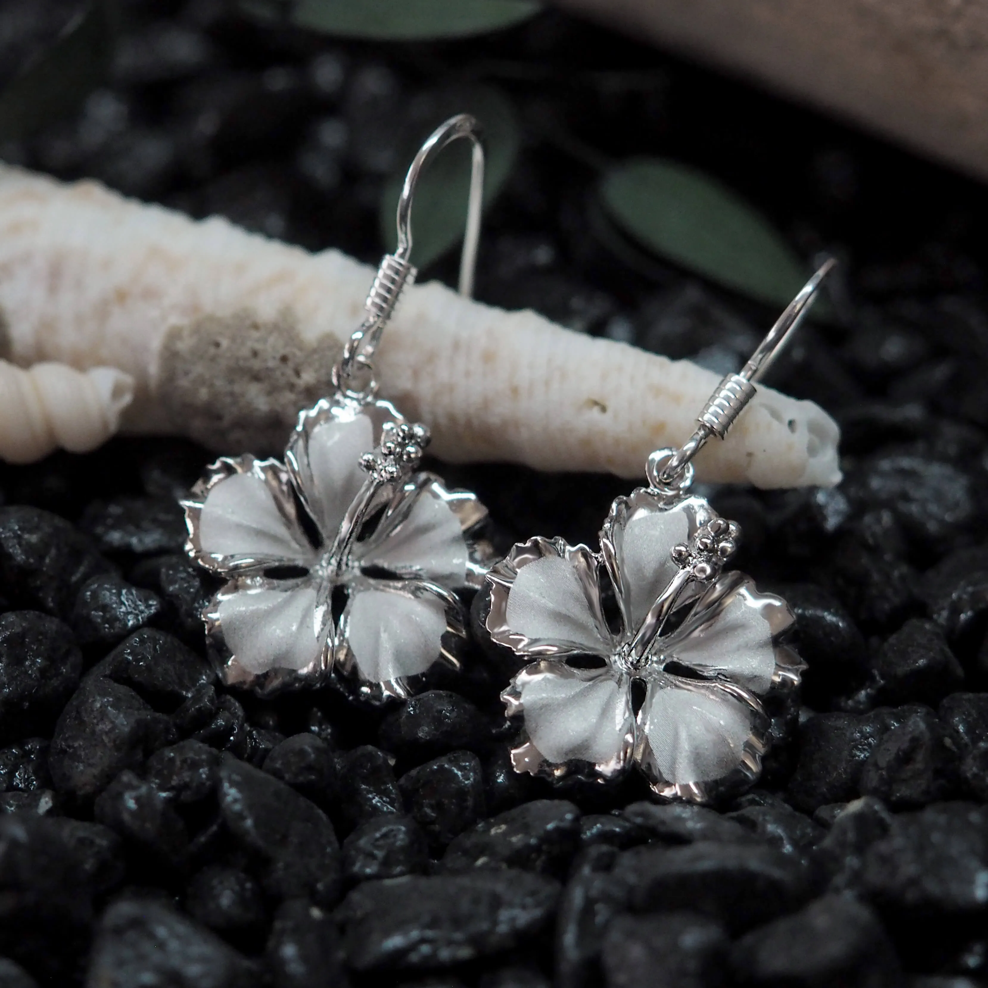Sterling Silver 5/8 Inch Hibiscus Dangle Earrings