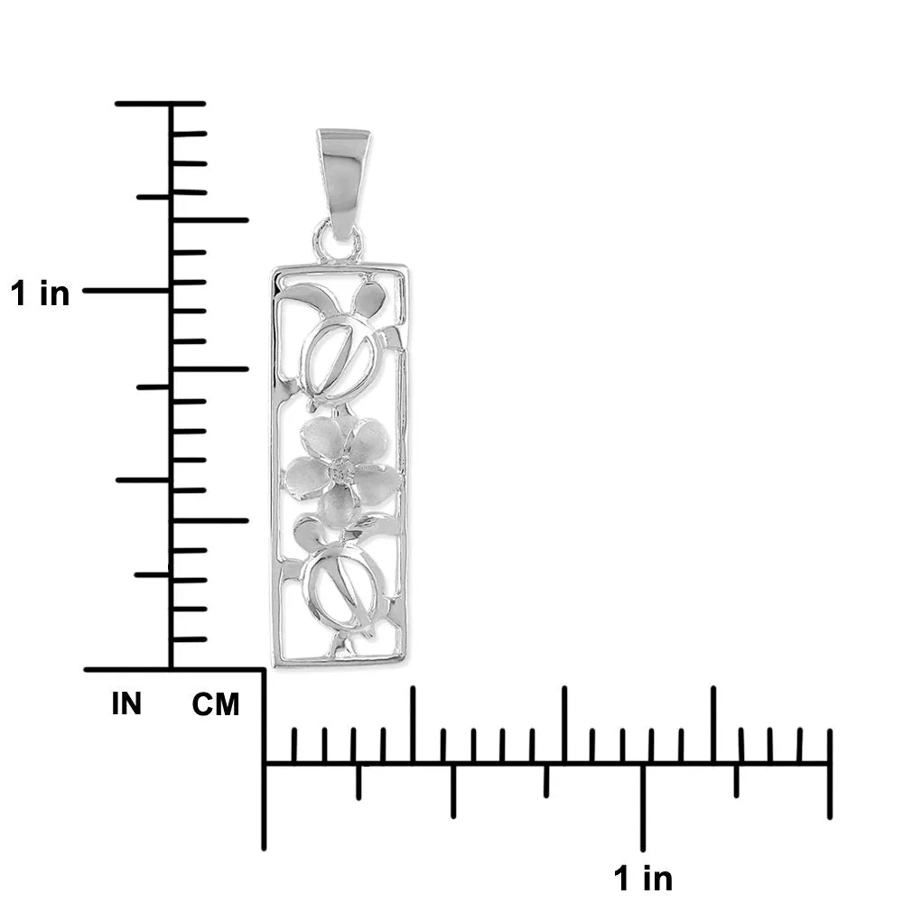 Sterling Silver Turtle and Plumeria Vertical Bar Pendant Necklace, 16 2" Extender