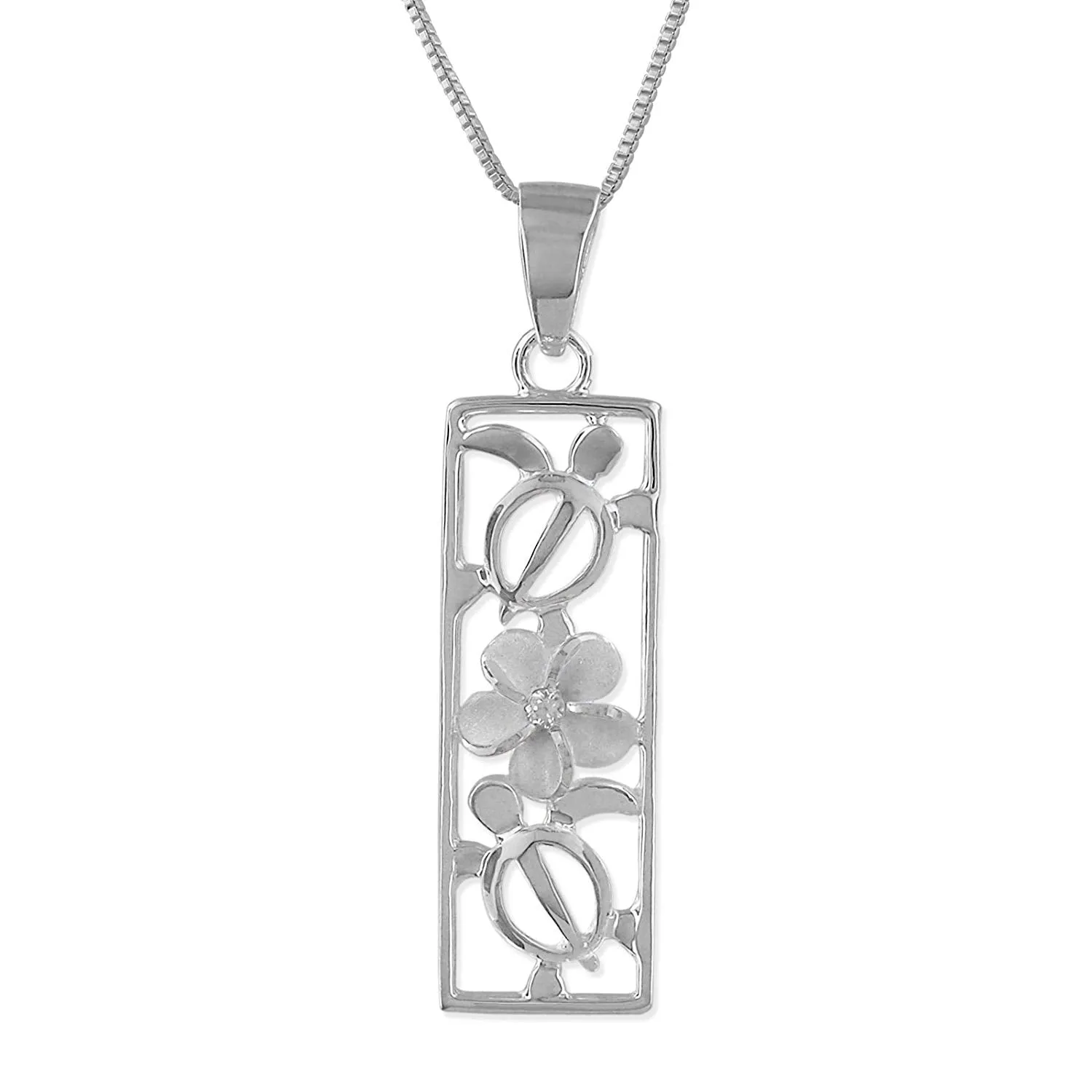 Sterling Silver Turtle and Plumeria Vertical Bar Pendant Necklace, 16 2" Extender